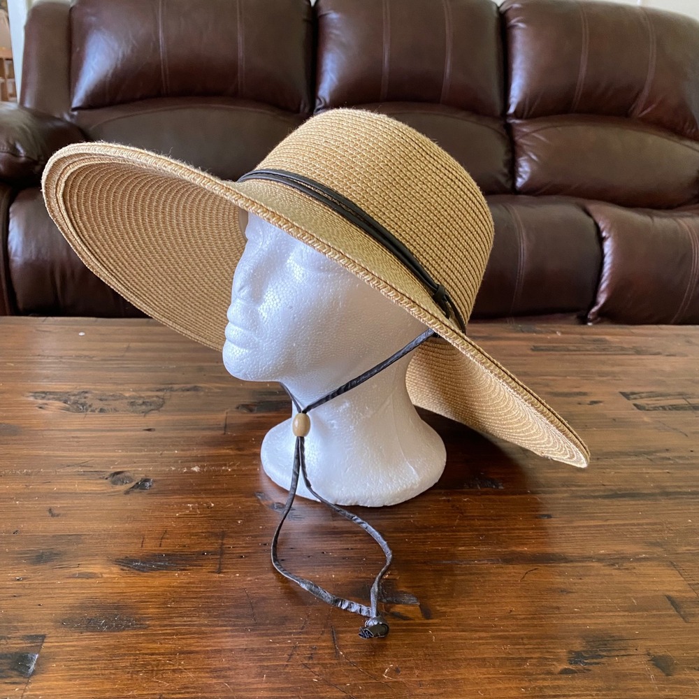 Milani Tan Straw Wide Brim Sun Hat with Chin Strap Beach Resort One Size
